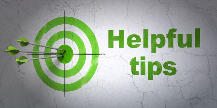 Success Learning concept: arrows hitting the center of target, Green Helpful Tips on wall background, 3D rendering