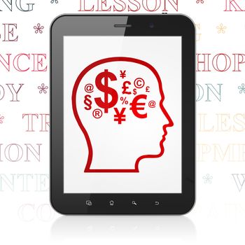 Learning concept: Tablet Computer with  red Head With Finance Symbol icon on display,  Tag Cloud background, 3D rendering