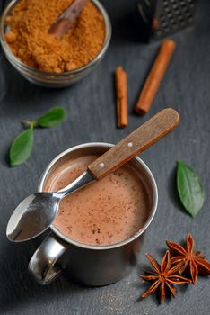 Cup of hot chocolate, cinnamon sticks and Coconut palm sugar 