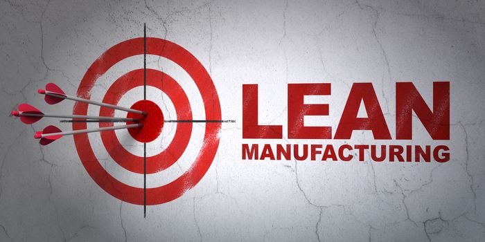 Success Industry concept: arrows hitting the center of target, Red Lean Manufacturing on wall background, 3D rendering