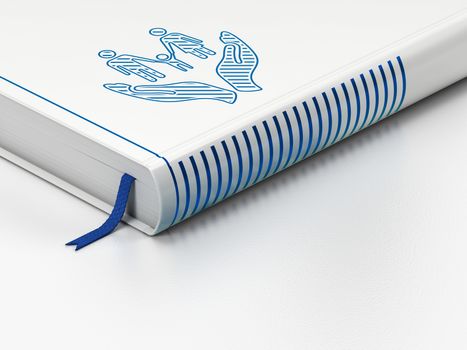 Insurance concept: closed book with Blue Family And Palm icon on floor, white background, 3D rendering