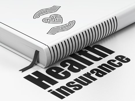 Insurance concept: closed book with Black Heart And Palm icon and text Health Insurance on floor, white background, 3D rendering