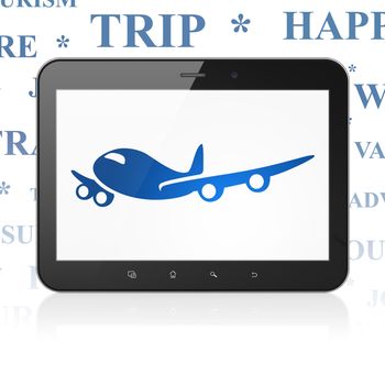 Travel concept: Tablet Computer with  blue Airplane icon on display,  Tag Cloud background, 3D rendering