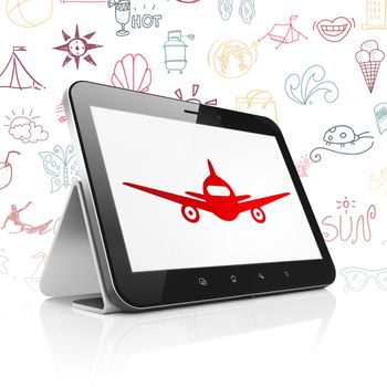 Tourism concept: Tablet Computer with  red Aircraft icon on display,  Hand Drawn Vacation Icons background, 3D rendering
