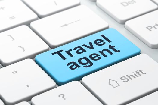 Vacation concept: computer keyboard with word Travel Agent, selected focus on enter button background, 3D rendering