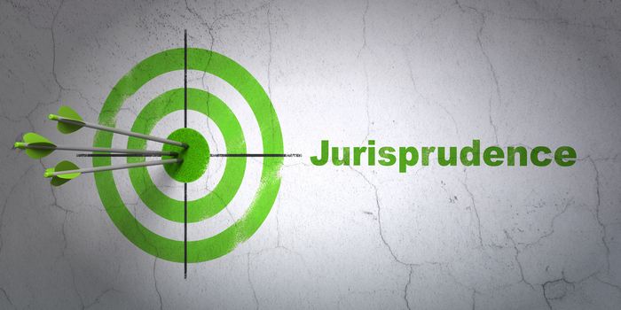 Success law concept: arrows hitting the center of target, Green Jurisprudence on wall background, 3D rendering