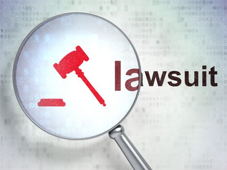 Law concept: magnifying optical glass with Gavel icon and Lawsuit word on digital background, 3D rendering