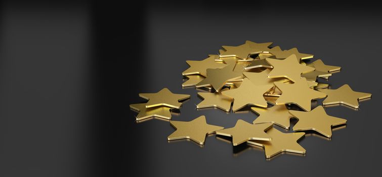 3D illustration of many golden stars over black background, horizontal image suitable for header