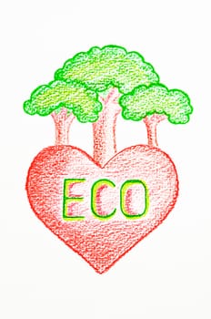 Wooden color pencil drawing Eco heart on white paper. Eco heart concept.