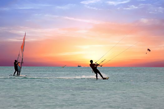 Watersport on theCaribbean Sea at Aruba island at sunset