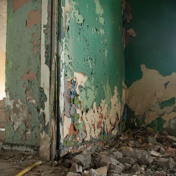 wide angle view of an old wall abandoned factory building