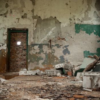wide angle view of an old wall abandoned factory building