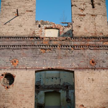 wide angle view of an old wall abandoned factory building