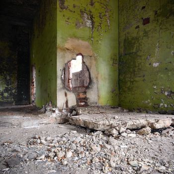 wide angle view of an old wall abandoned factory building