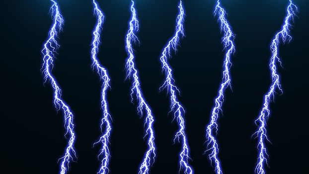 Computer graphic Different lightning bolts. 3D rendered