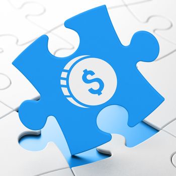 Currency concept: Dollar Coin on Blue puzzle pieces background, 3D rendering