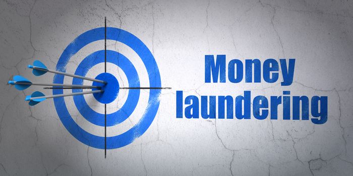 Success money concept: arrows hitting the center of target, Blue Money Laundering on wall background, 3D rendering