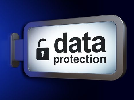 Safety concept: Data Protection and Opened Padlock on advertising billboard background, 3D rendering