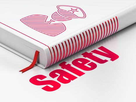 Security concept: closed book with Red Police icon and text Safety on floor, white background, 3D rendering