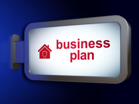 Finance concept: Business Plan and Home on advertising billboard background, 3D rendering