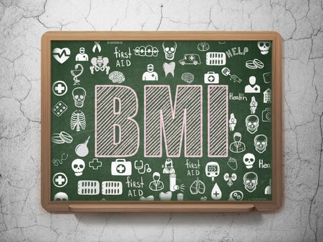 Healthcare concept: Chalk Pink text BMI on School board background with  Hand Drawn Medicine Icons, 3D Rendering