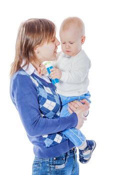 Mother with one year son together isolated on white