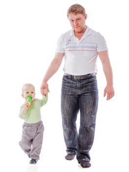 Happy Father walking with son isolated on white