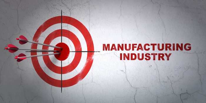 Success Industry concept: arrows hitting the center of target, Red Manufacturing Industry on wall background, 3D rendering