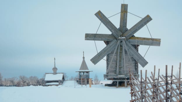 Wooden windmill in the village in the North of Karelia