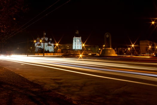 Panorama of night city with the Church in the background