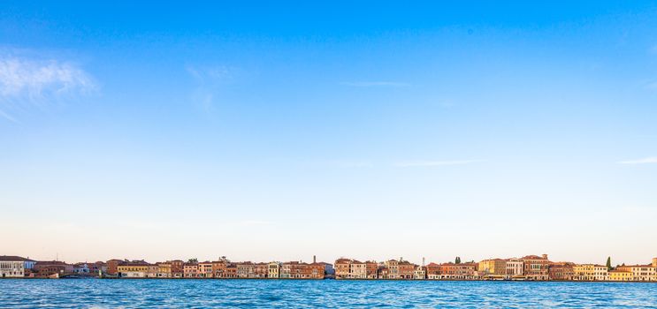 Unusual view at sunrise of Venice, Italy. Copy space.