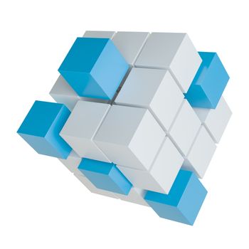 Abstract 3d illustration of cube assembling from blocks. Isolated on white. Template for your design