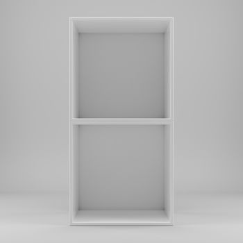 White empty clean shelf box, on gray background. 3d rendering. Template shelf or showcase