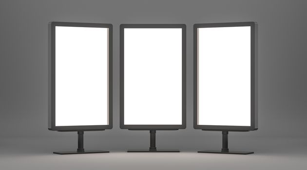 Three big vertical poster on gray background. 3D Illustration