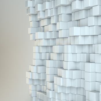 Wall of white cubes. 3D Illustration. Gray background. Web design element