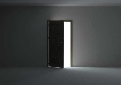 Open door with bright light streaming into very dark room. 3D Illustration