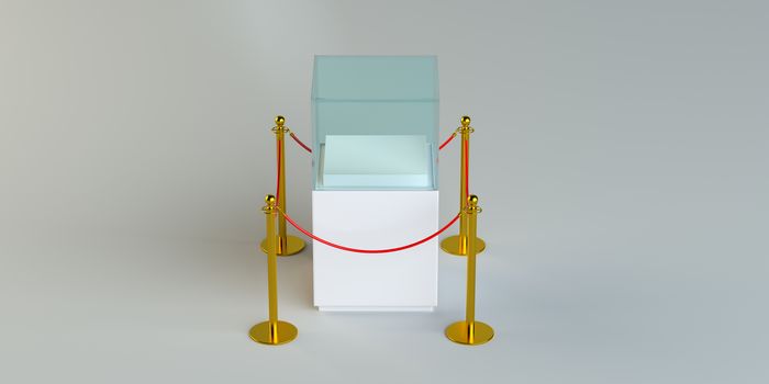 Empty glass showcase for exhibit with rope barrier. 3D Illustration