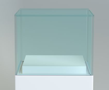 Empty glass showcase for exhibit isolated on gray. 3D Illustration