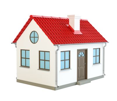 A small house with red roof on a white background. 3d illustration
