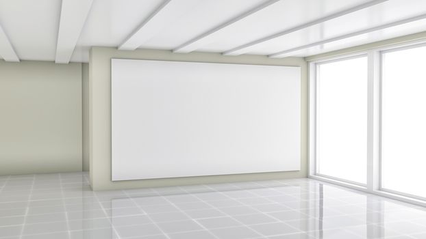 Blank trade showroom with white poster. 3D rendering