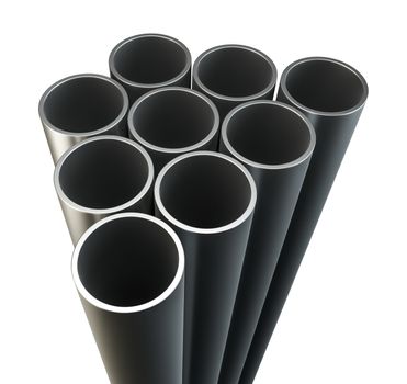 Steel metal tubes. Close-up. White background. 3D Illustration