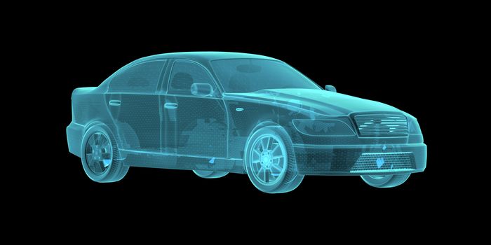 Car Hologram Wireframe. 3D Rendering on black background