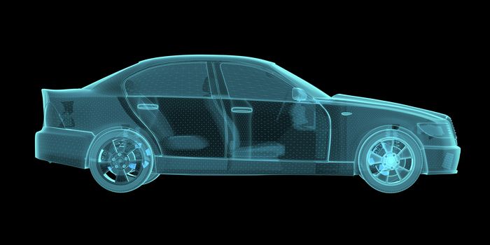 Car Hologram Wireframe. 3D Rendering on black background