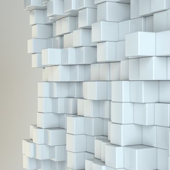 Wall of white cubes. 3D Illustration. Gray background. Web design element