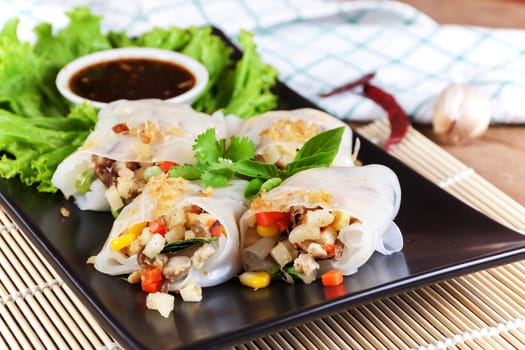 Noodle tube is appetizer menu Asia. made from noodle stuffed with pork and vegetables cooking by steamed.