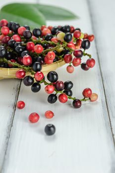 Thai Blueberry in bamboo basket over wooden background