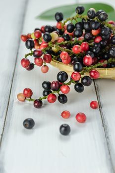 Thai Blueberry in bamboo basket over wooden background