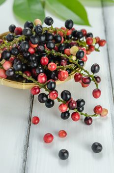 Thai Blueberry in bamboo basket over wooden background