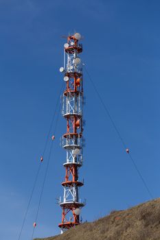 Radio technology tower on the island of Heligoland (Helgoland), North Sea of Germany. Blue sky and sunny day