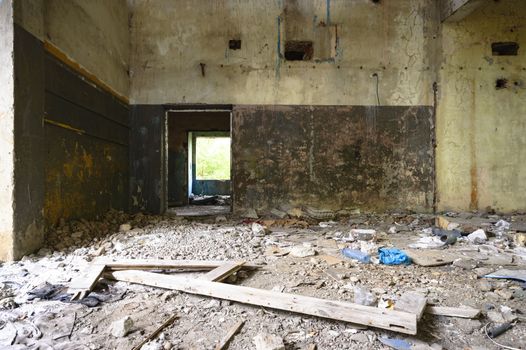 wide angle view of an old wall abandoned factory building